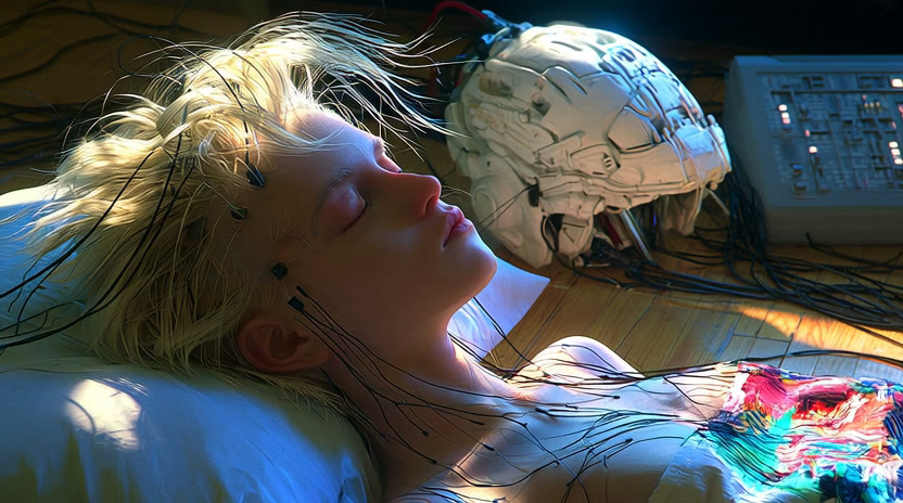 A reclining blond figure with closed eyes and fine wires beside a white robotic head.