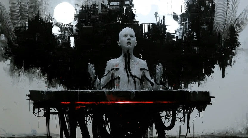 A pale humanoid with raised hands behind a red-lit console, framed by black machinery and glowing white spheres.