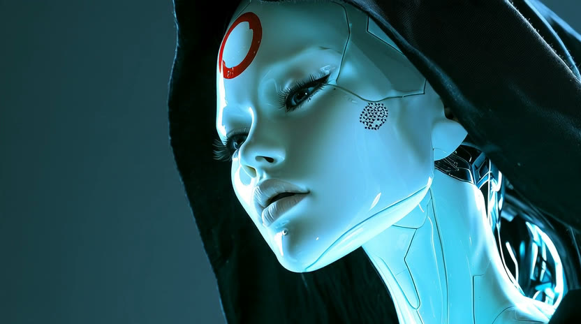A hooded white android with a red ring on its forehead and exposed neck wiring, illuminated by cool blue light.
