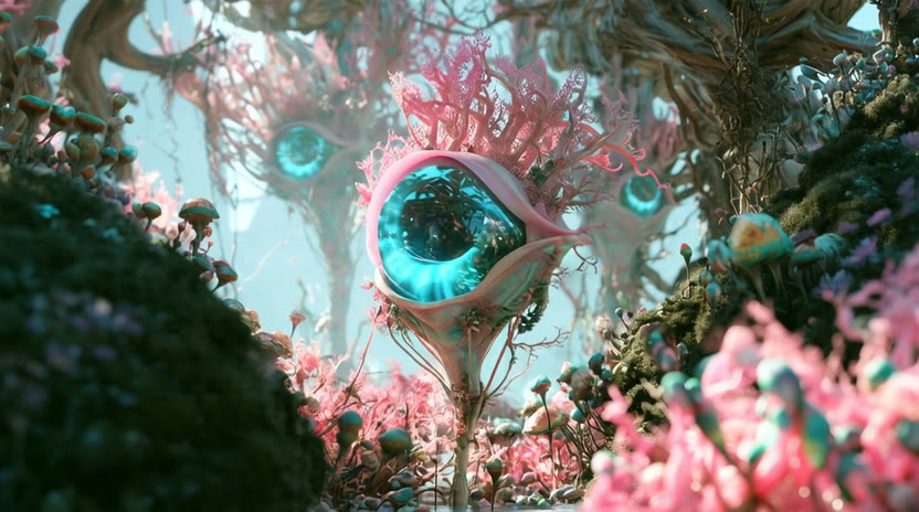 A large turquoise eye surrounded by pink coral-like growths and mossy branches.