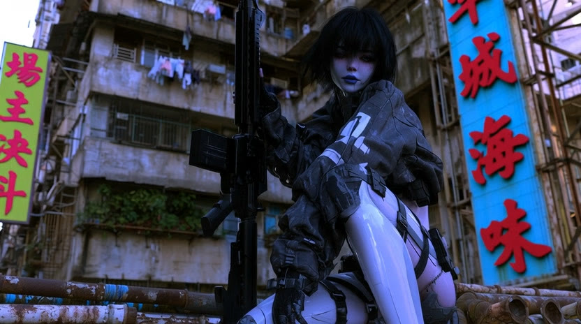 A pale, dark-haired cyberpunk figure holding a black weapon among weathered buildings and vertical shop signs.