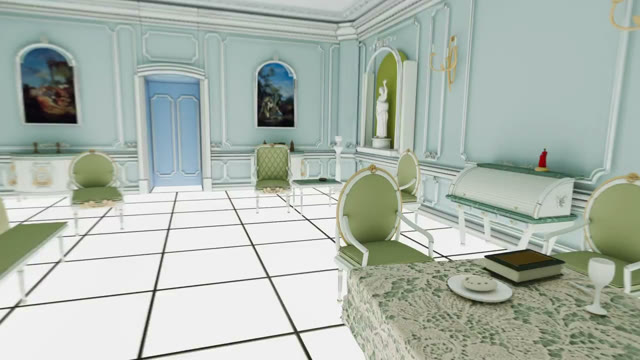 A luminous room with a gridded floor, ornate furniture, and framed paintings.