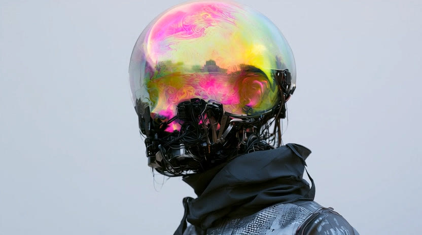 A rainbow-colored skull inside a transparent dome above an exposed black mechanical face and hooded jacket.