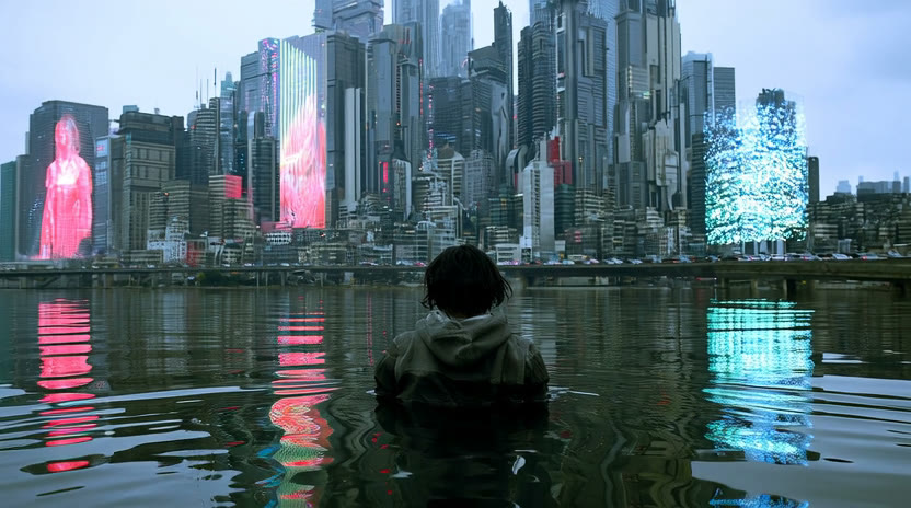 A dark-haired figure in water facing futuristic towers and glowing pink and blue displays.