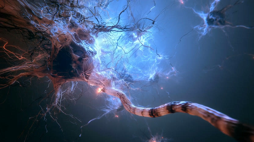 Copper-colored neural branches surrounded by blue electrical light against a dark background.