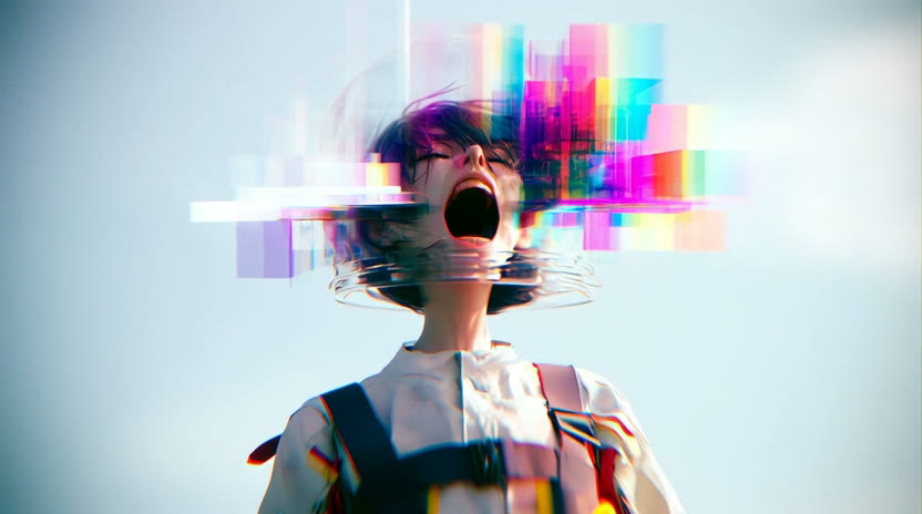 A short-haired figure with an open mouth, surrounded by transparent rings and colorful geometric glitches against a pale blue background.