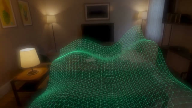 An illuminated green triangular wireframe mesh forms waves across a warmly lit living room.