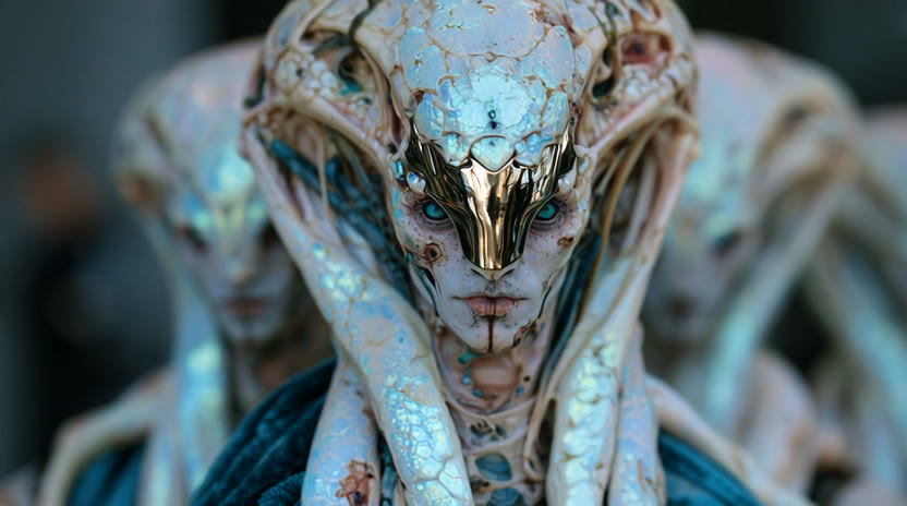 A pale blue humanoid face beneath iridescent armor with fine gold seams.