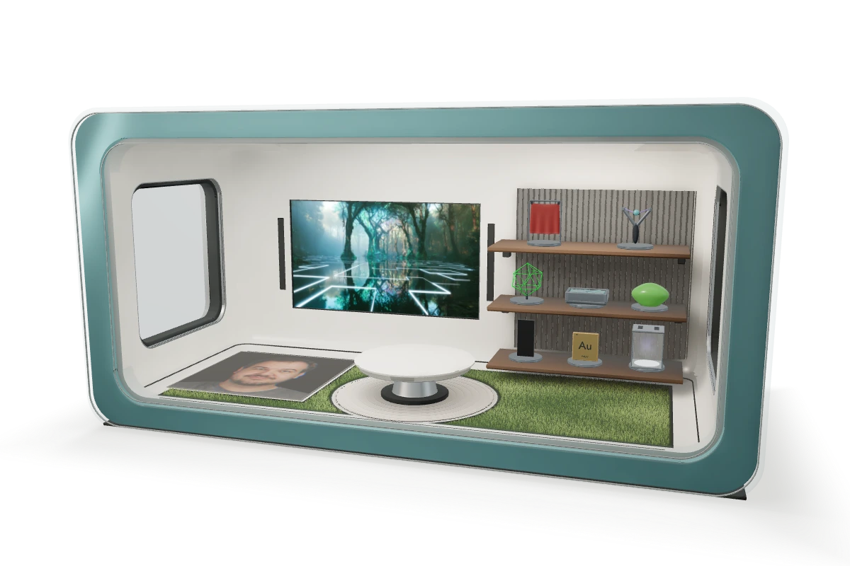 A silver and cyan studio enclosure with glass windows, an experiment table, a screening wall, and specimen shelves